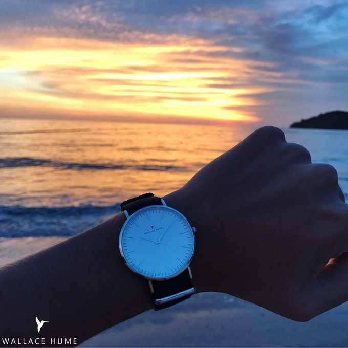 Wallace Hume Caviar Black watch at sunset on wrist